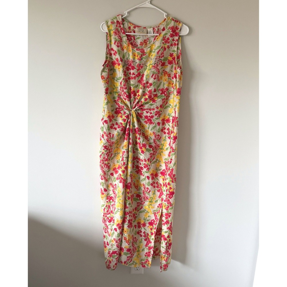 Field Manor‎ Floral Linen Blend Twist Front Beaded Maxi Dress Red Yellow Women M